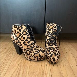 Steve Madden Leopard-Print Lace-Up Platform Ankle Boots in Tan and Black